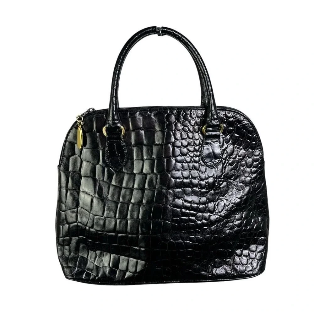 Talbots Handbag Womens Black Faux Croc Gold Trim‎ Old Money Classic Structured